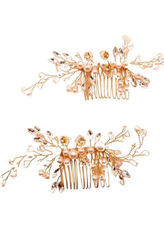 Women Gold-tone Leaf Shaped Alloy Hair Comb With Pearls